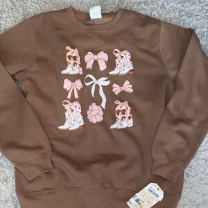 Pacific & Co Brown Crew Neck Sweater with Pink Cowgirl Accents